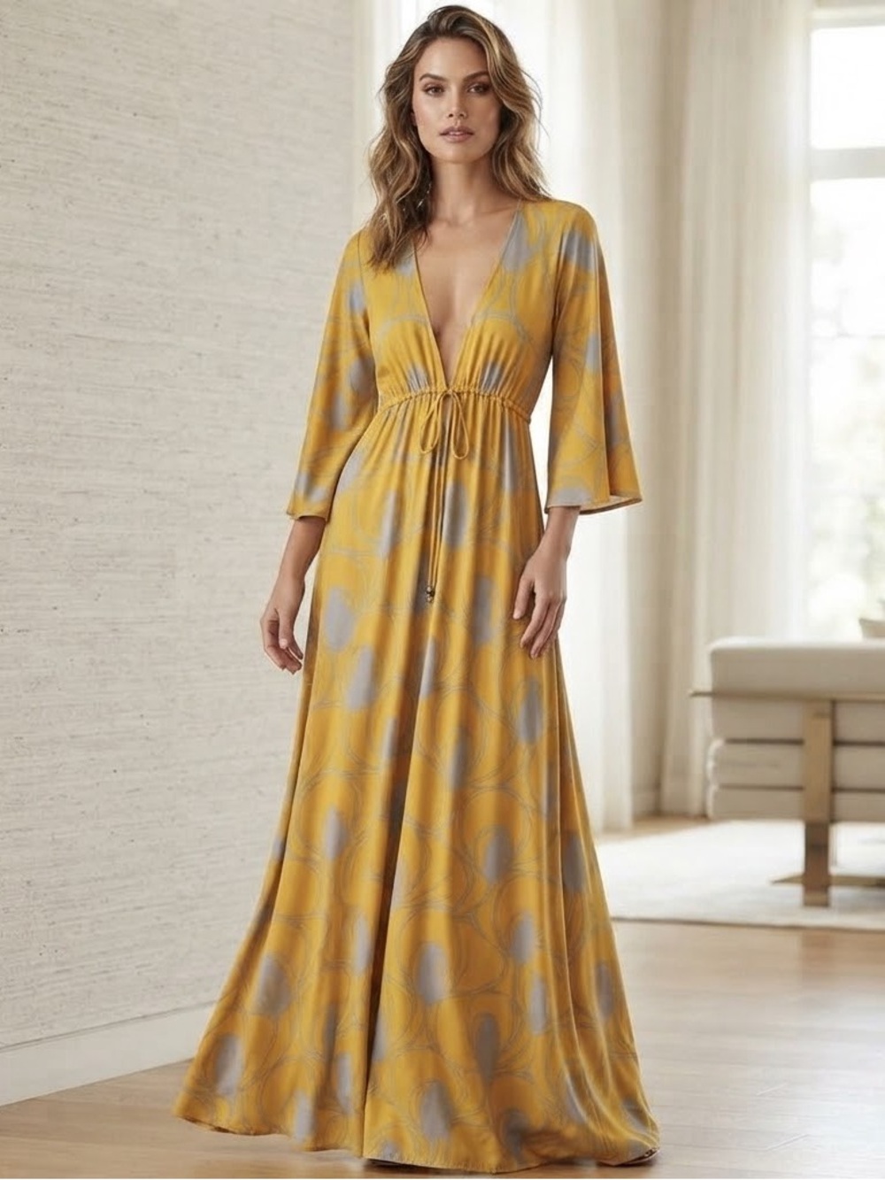 Pink Polkadot Yellow & Grey Floral V-Neck Maxi Dress - XS